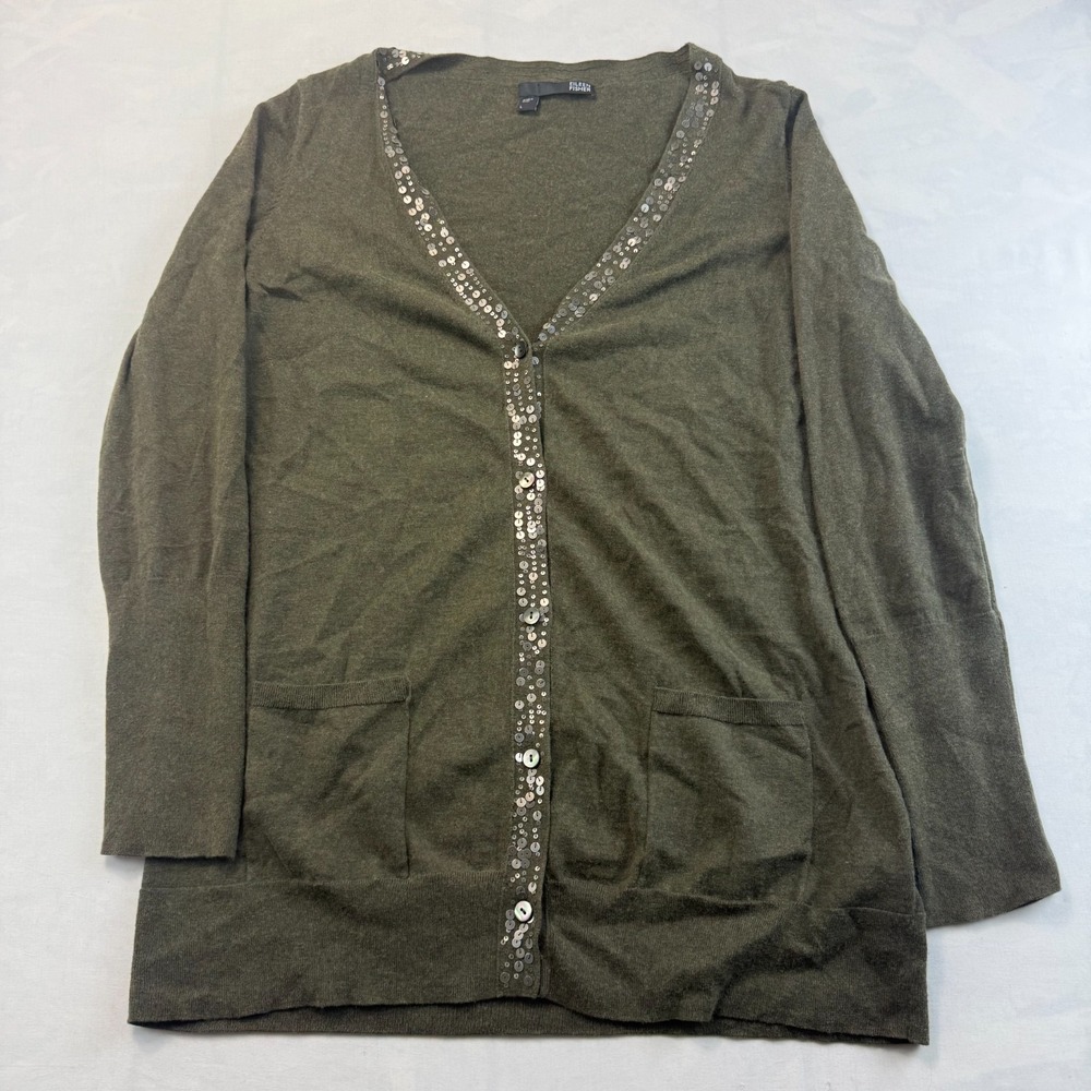 Eileen Fisher Cardigan Sweater Womens L Green Sequin Embellished Button-Front